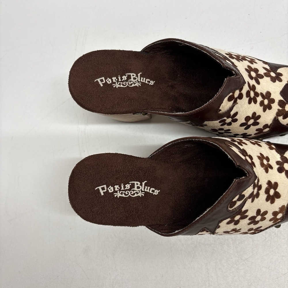 VTG Paris Blues Size 6.5 Brown White Cow Daisy Print Freda Wooden Platform Clogs - Picture 8 of 11